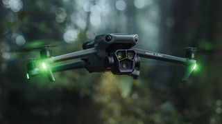 A DJI Mavic 3 Pro drone in flight in a forest