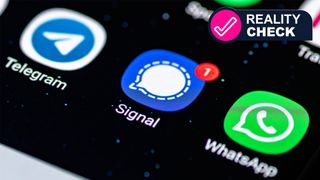 A close-up of a phone screen showing the Telegram, Signal and WhatsApp apps