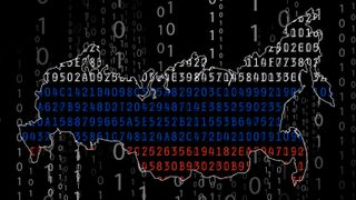 Shape of Russia filled with Russian flag-colored internet codes on a black hacking background